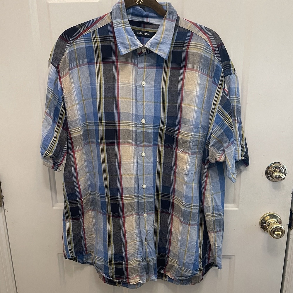 Nautica Blue Plaid Short Sleeve Linen Blend Button Up Shirt‎ Mens Large